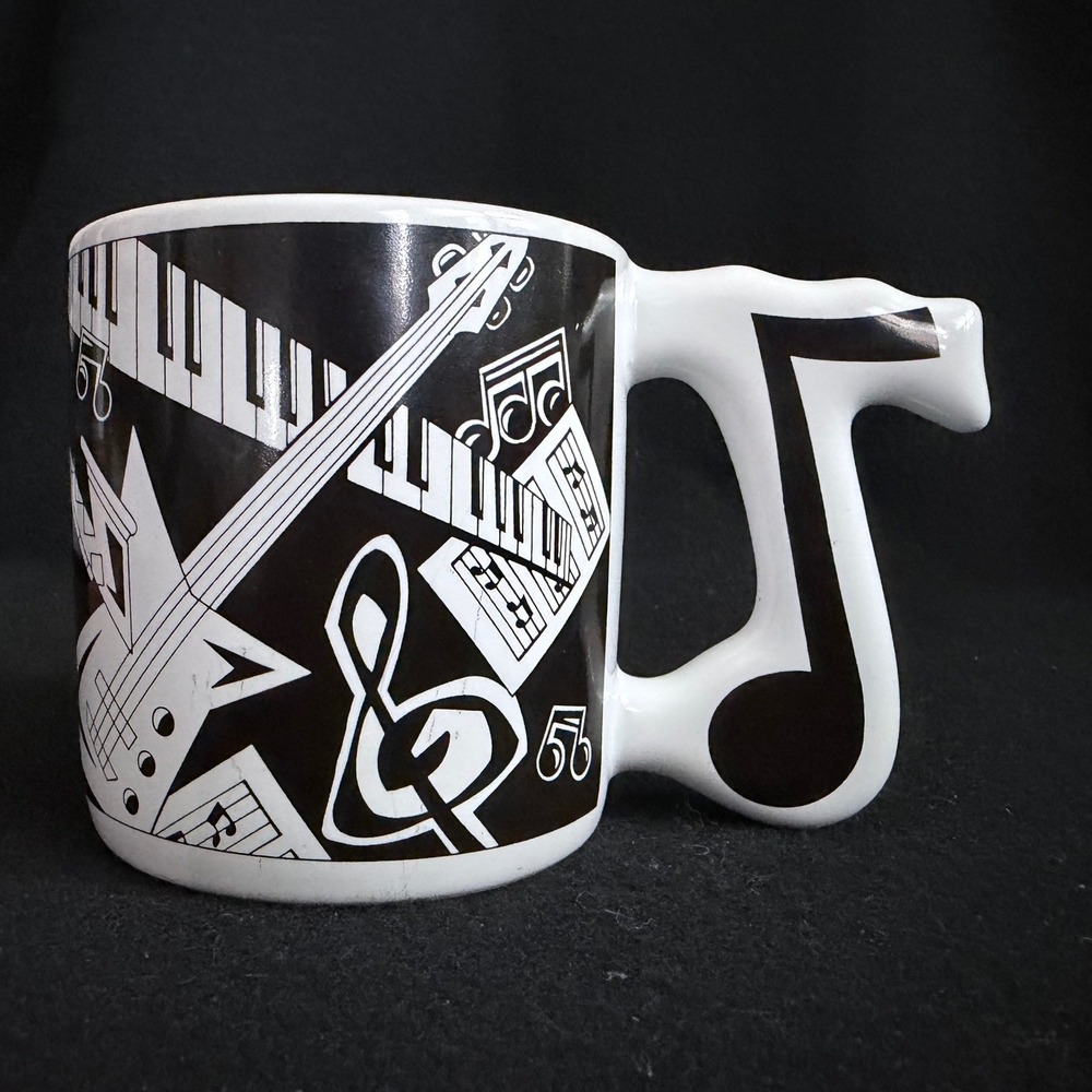 Music Instrument Coffee Mug Black White Eighth Note Handle Ceramic 80's style